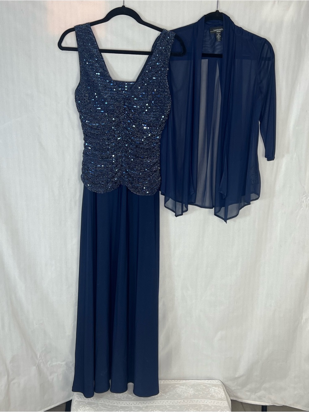 R & M Richards Formal Maxi Dress Jacket Blue Sequin Bodice Chiffon Skirt 12P 👍
